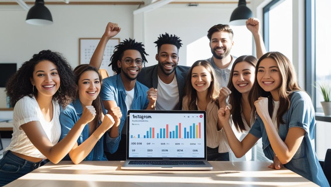 Marketing team in bright office celebrating rising Instagram followers on laptop screen.