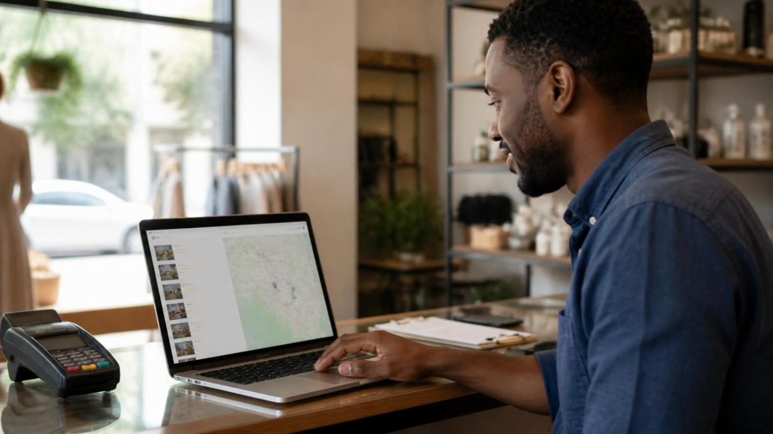 A business owner verifying their address site for consistent online credibility.